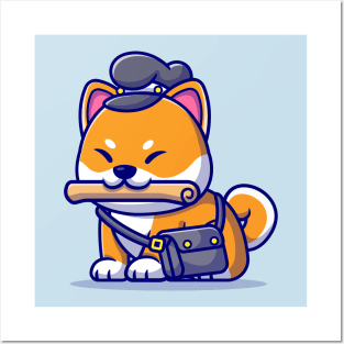 Cute Shiba Inu Dog Courier Newspaper Cartoon Posters and Art